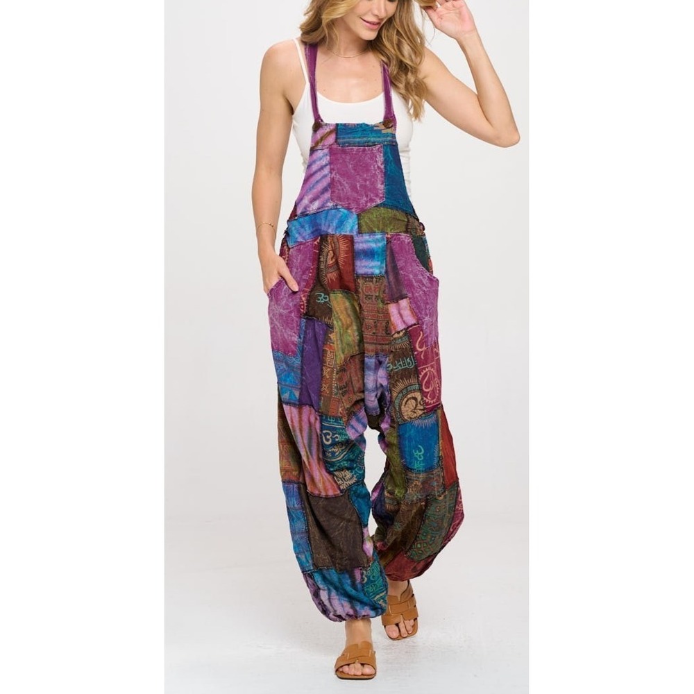 boho style Purple patchwork wide leg overalls adjustable straps 100% cotton O/S